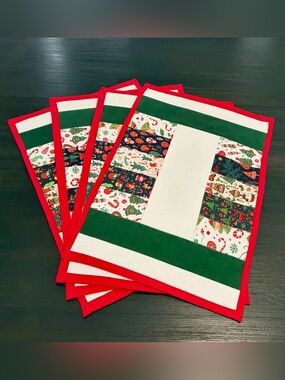 Festive Red & Green Holiday Quilted Placemats - Set of 4